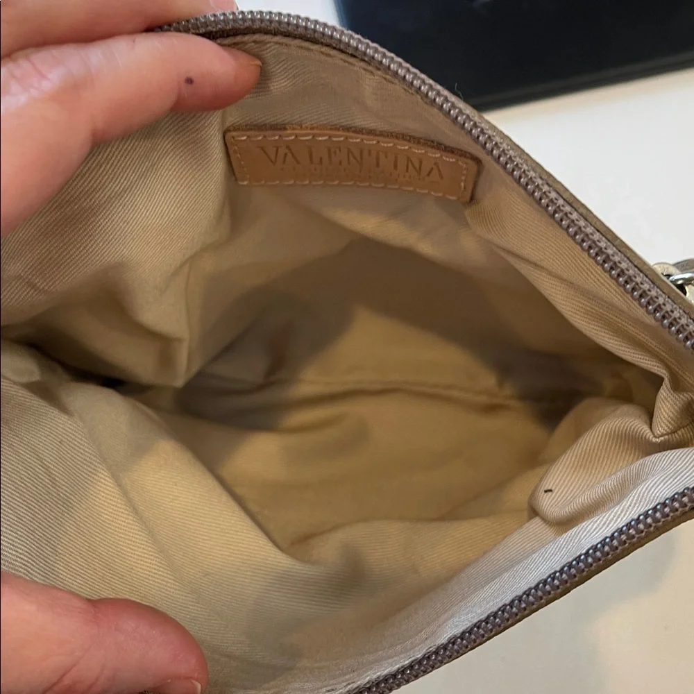 Valentina Italy Pebbled Leather Zip Wristlet Clutch Neutral Taupe